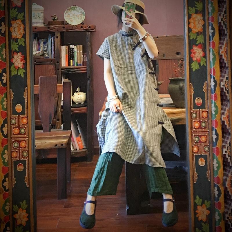 Retro High-End Linen Grid Stand Collar Dress