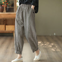 Retro Linen Elastic Waist Pliad Casual Pants