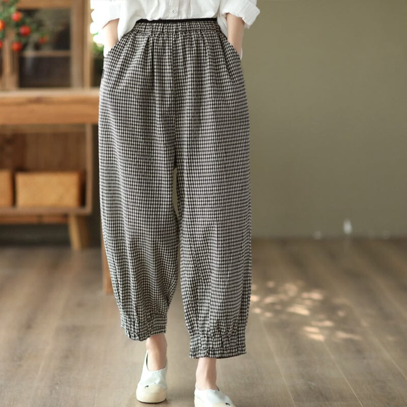 Retro Linen Elastic Waist Pliad Casual Pants