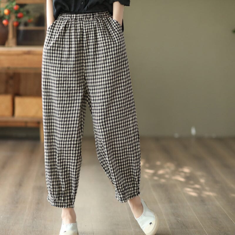 Retro Linen Elastic Waist Pliad Casual Pants