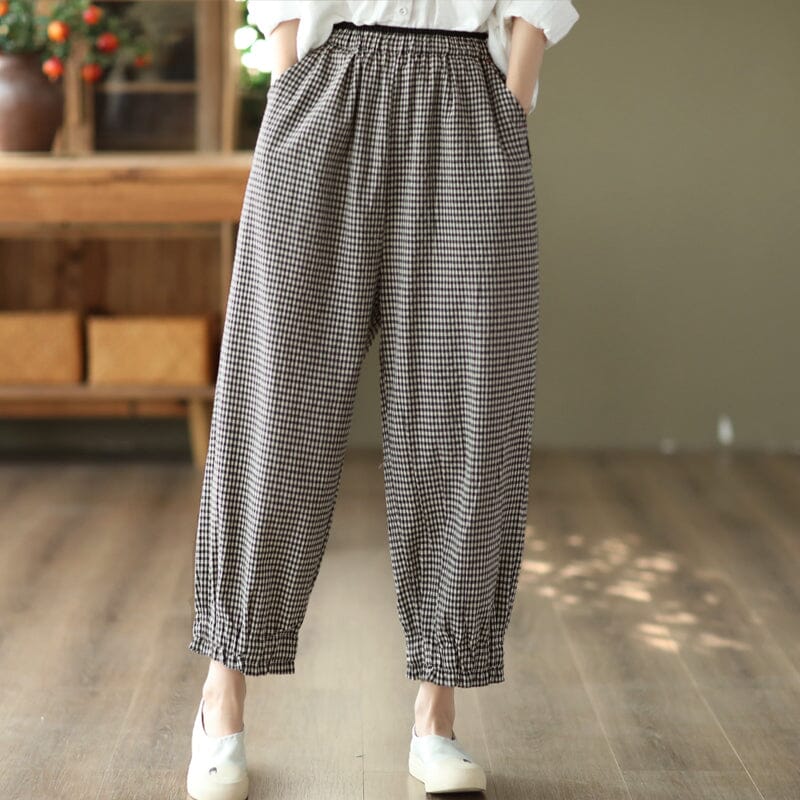 Retro Linen Elastic Waist Pliad Casual Pants