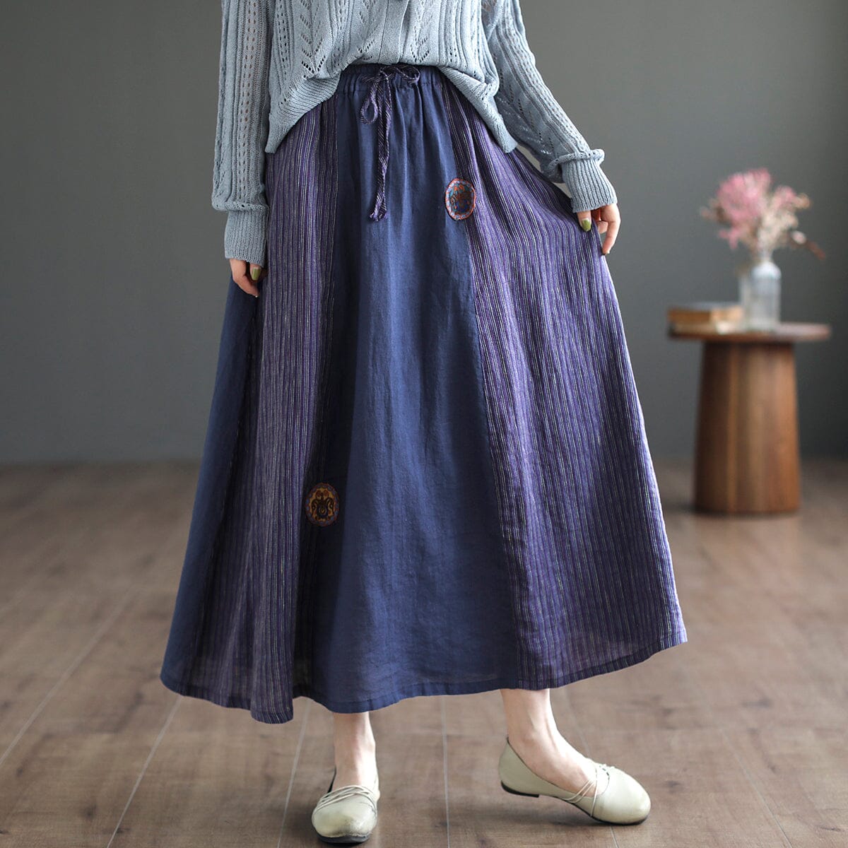 Retro Linen Embroidery Spring Summer A-line Skirt