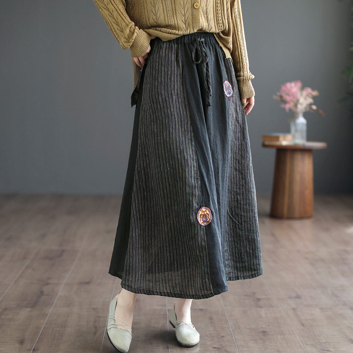 Retro Linen Embroidery Spring Summer A-line Skirt