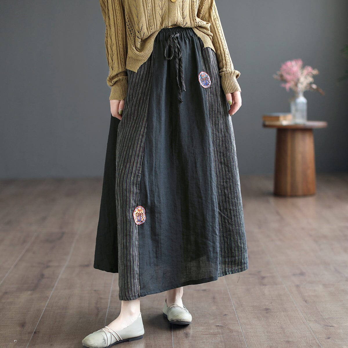 Retro Linen Embroidery Spring Summer A-line Skirt