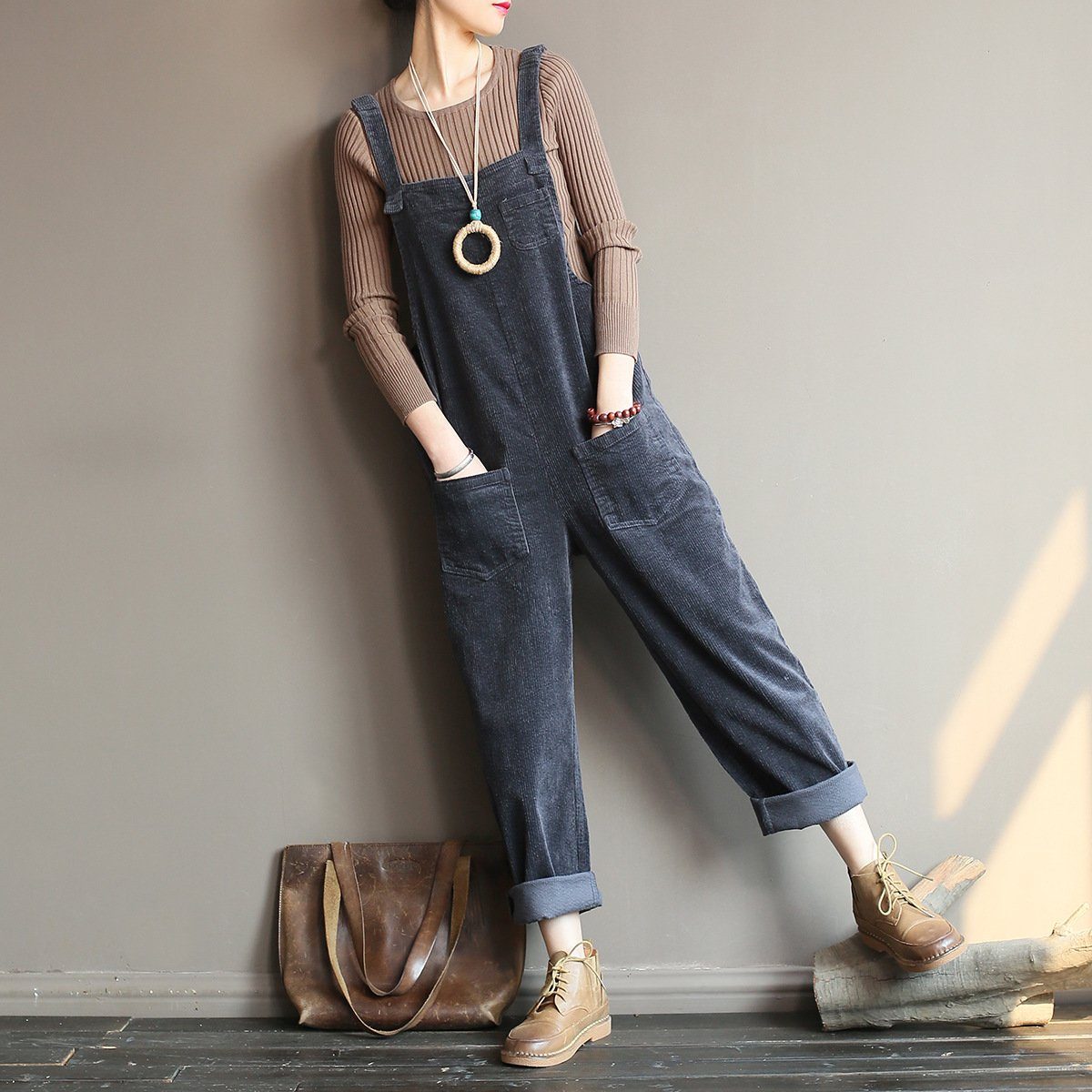 Retro Loose Casual Cotton Corduroy Jumpsuit