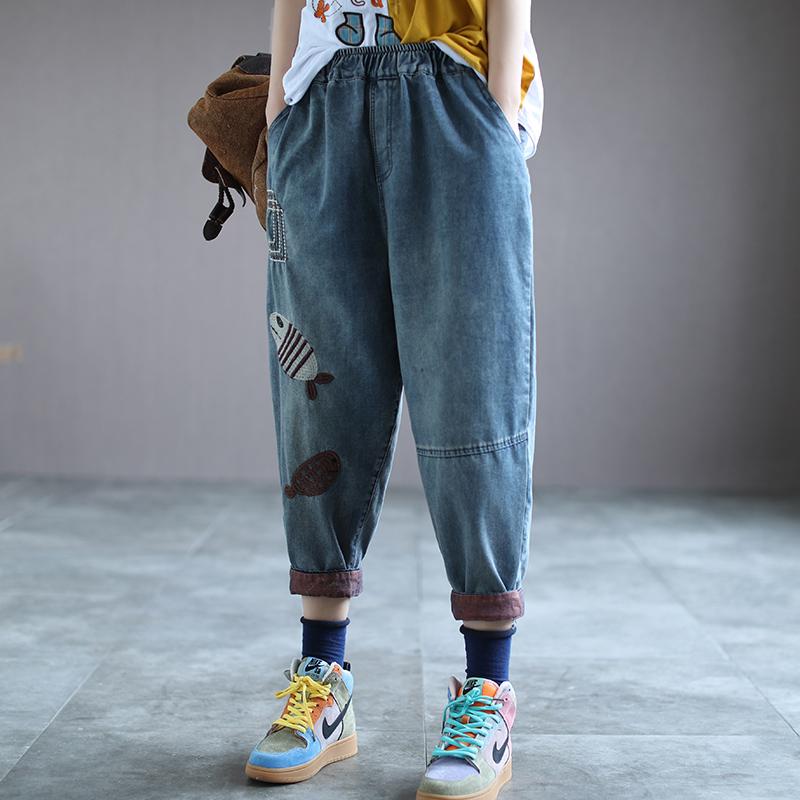 Retro Loose Fish Embroidery Hallen Denim Pants