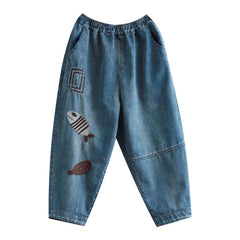 Retro Loose Fish Embroidery Hallen Denim Pants