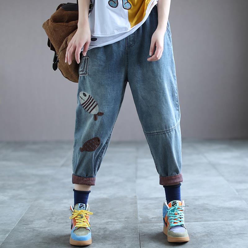 Retro Loose Fish Embroidery Hallen Denim Pants