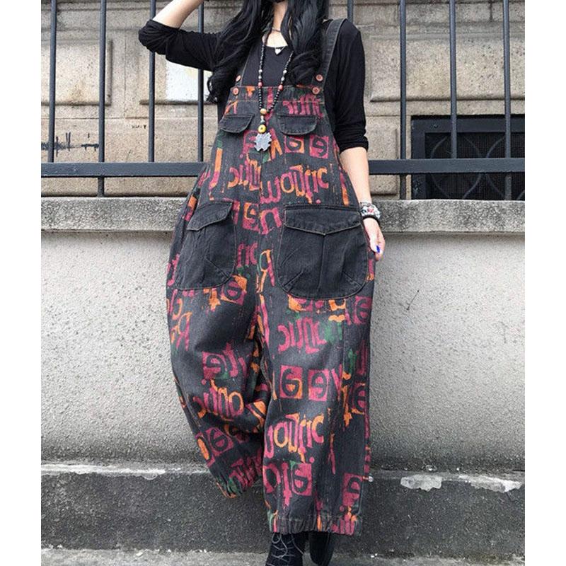 Retro Loose Letters Printed Cotton Denim Jumpsuit