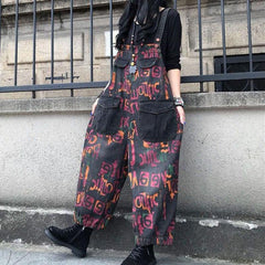 Retro Loose Letters Printed Cotton Denim Jumpsuit