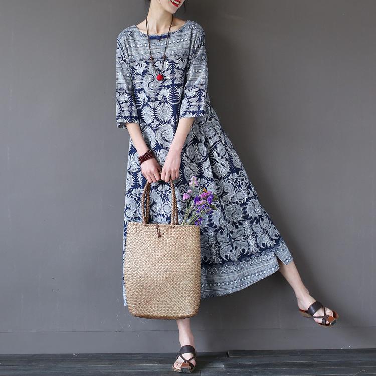 Retro Ethnic Loose Mid-Length Sleeve Cotton Linen Dress