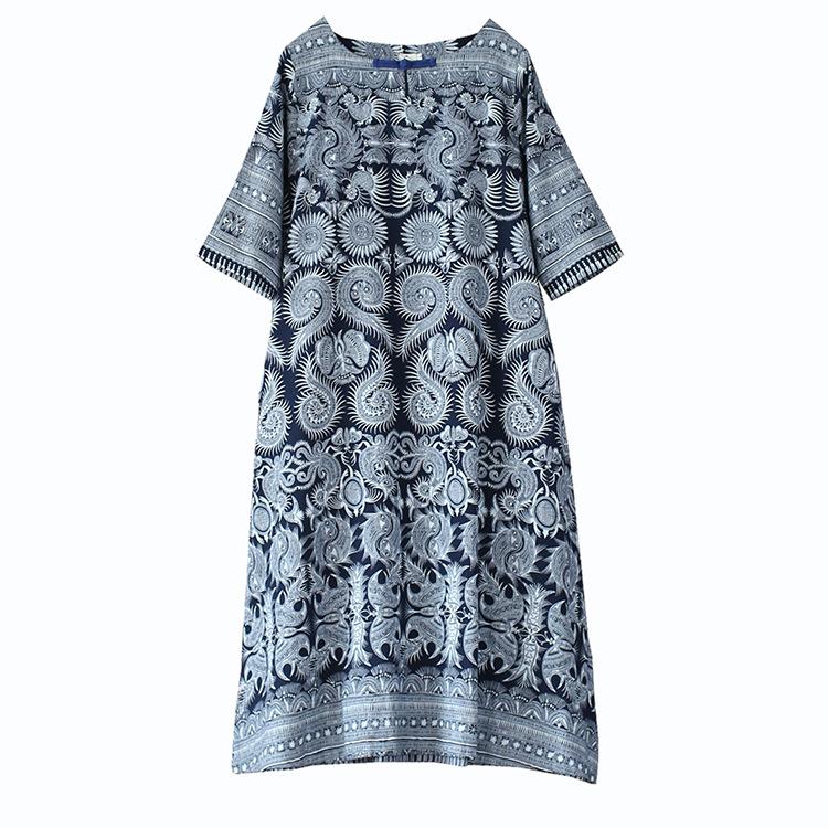 Retro Ethnic Loose Mid-Length Sleeve Cotton Linen Dress