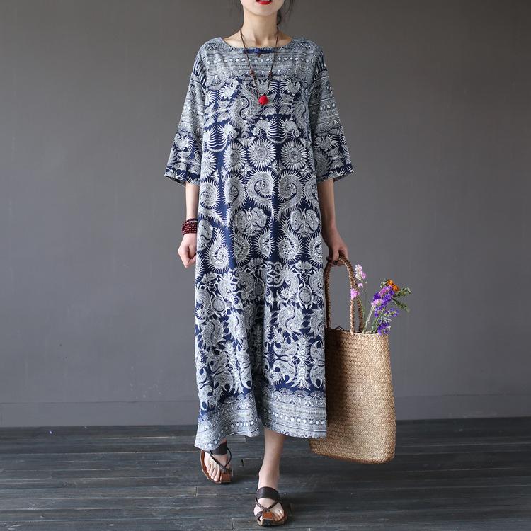 Retro Ethnic Loose Mid-Length Sleeve Cotton Linen Dress