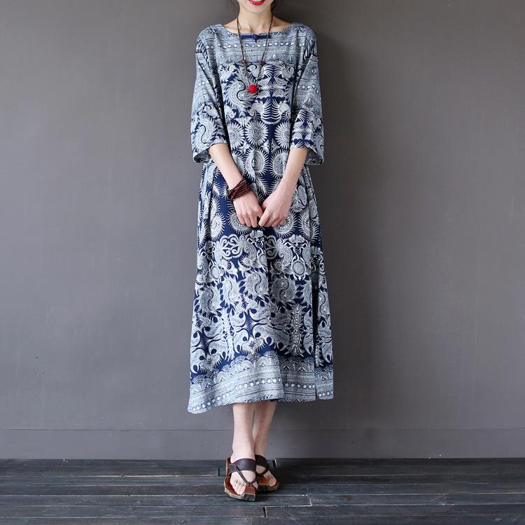 Retro Ethnic Loose Mid-Length Sleeve Cotton Linen Dress