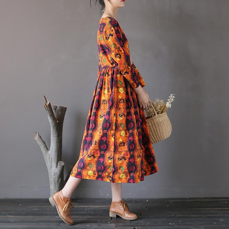 Retro Loose Totem Print Cotton Linen Dress