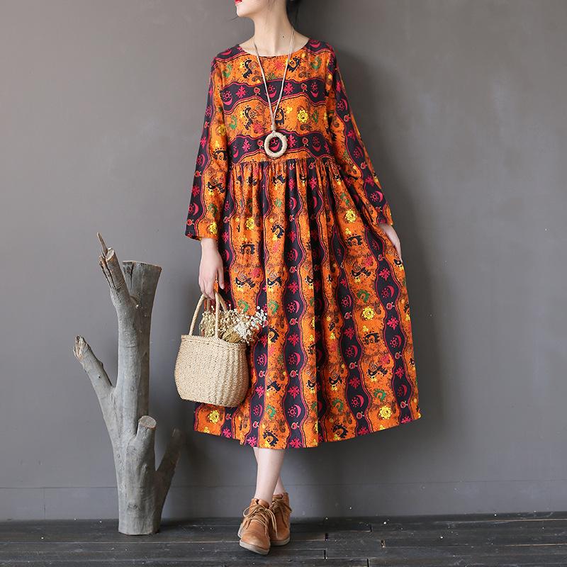 Retro Loose Totem Print Cotton Linen Dress