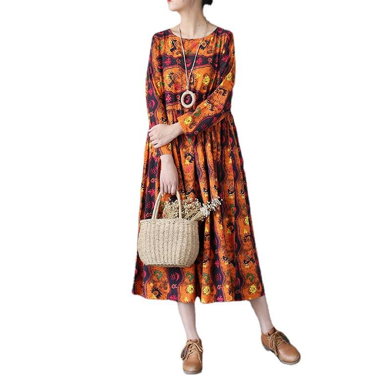 Retro Loose Totem Print Cotton Linen Dress