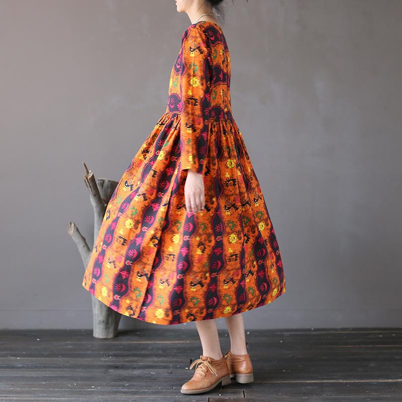 Retro Loose Totem Print Cotton Linen Dress