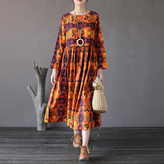 Retro Loose Totem Print Cotton Linen Dress