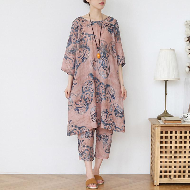 Retro Ramie Print Summer Two-piece Suit