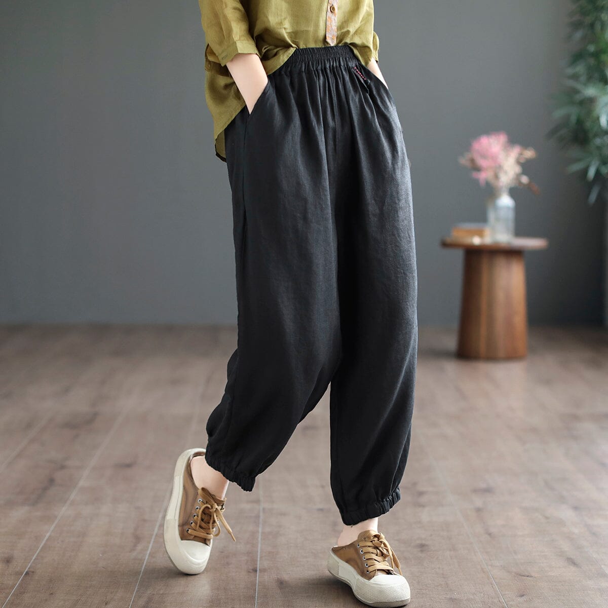 Retro Solid Linen Casual Solid Loose Pants