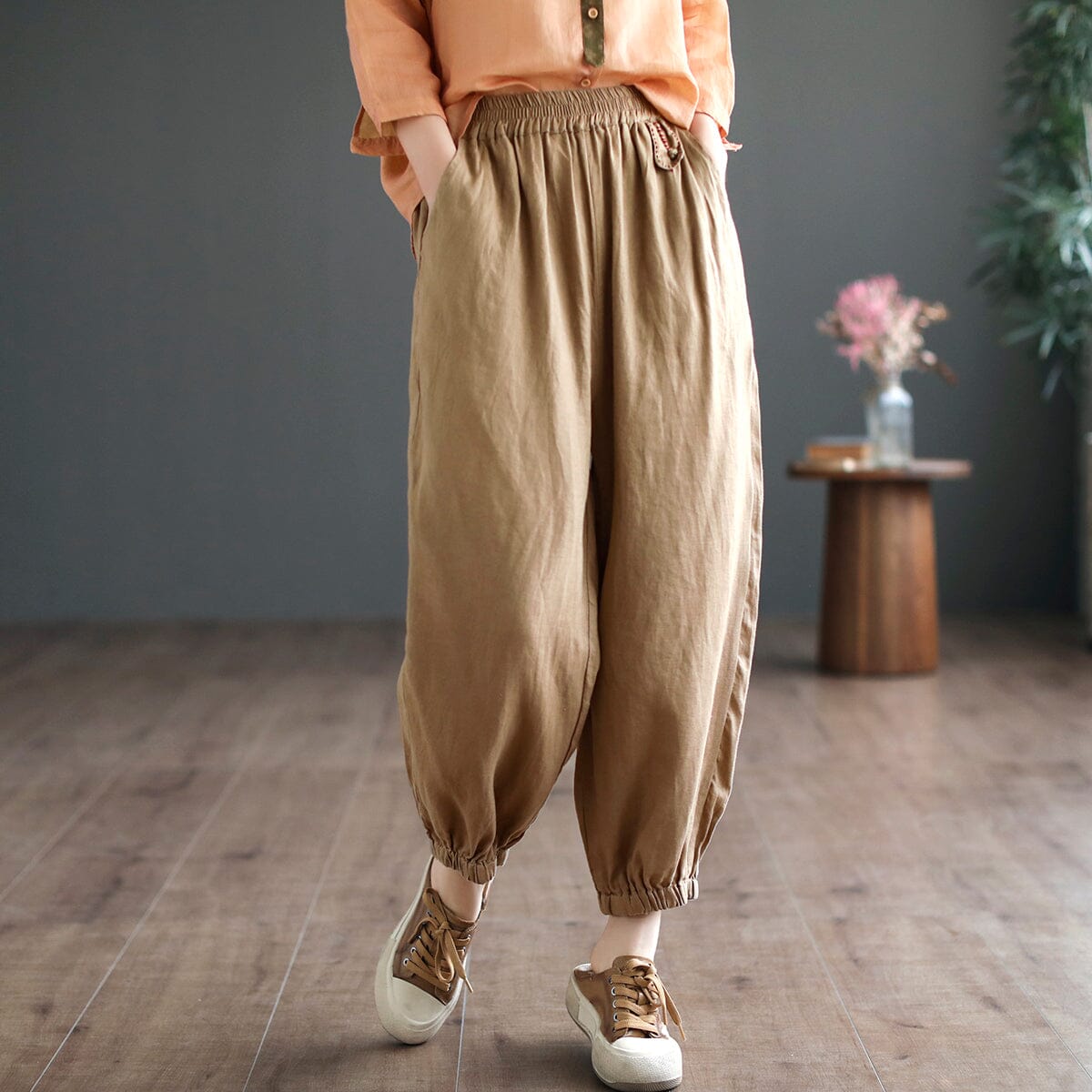 Retro Solid Linen Casual Solid Loose Pants