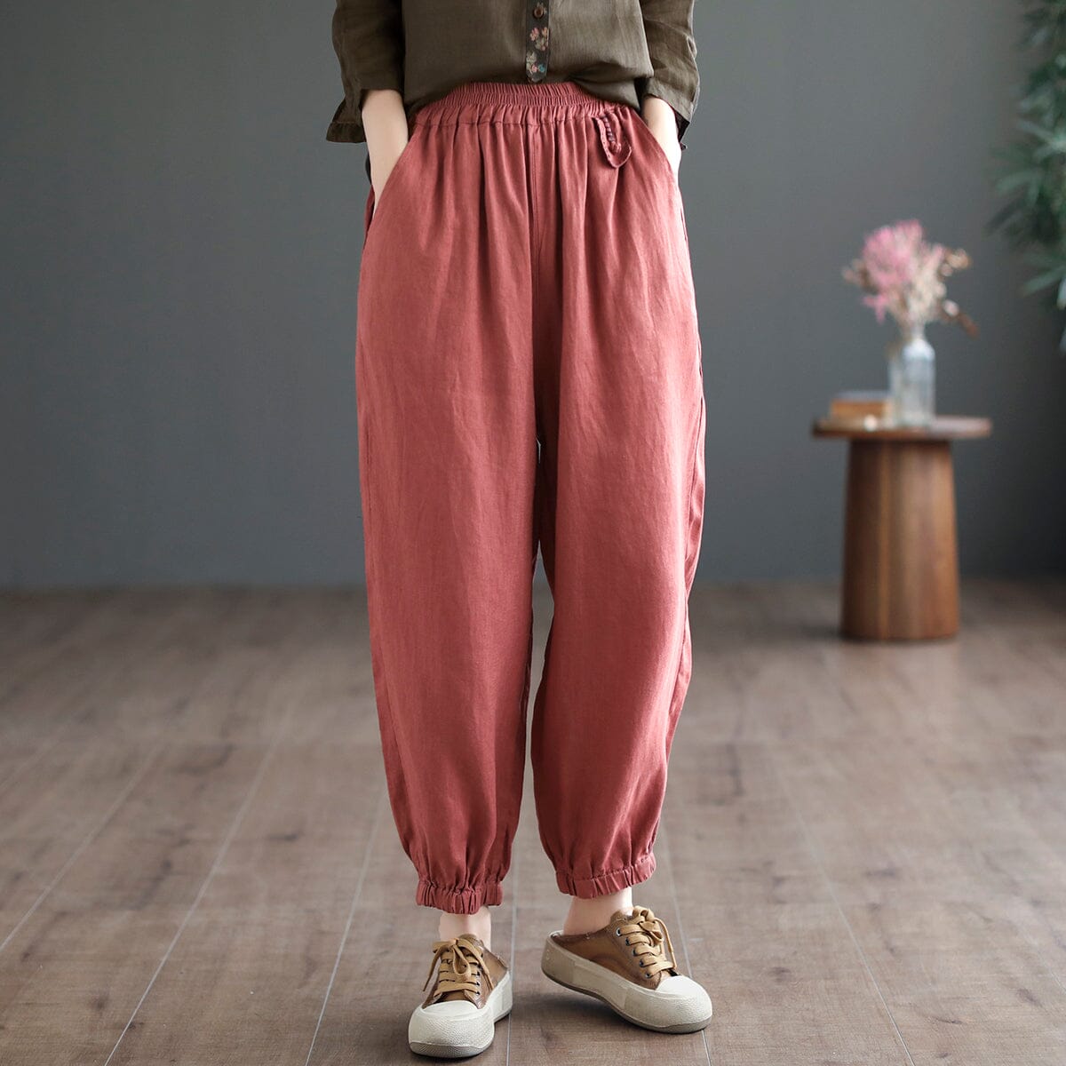 Retro Solid Linen Casual Solid Loose Pants