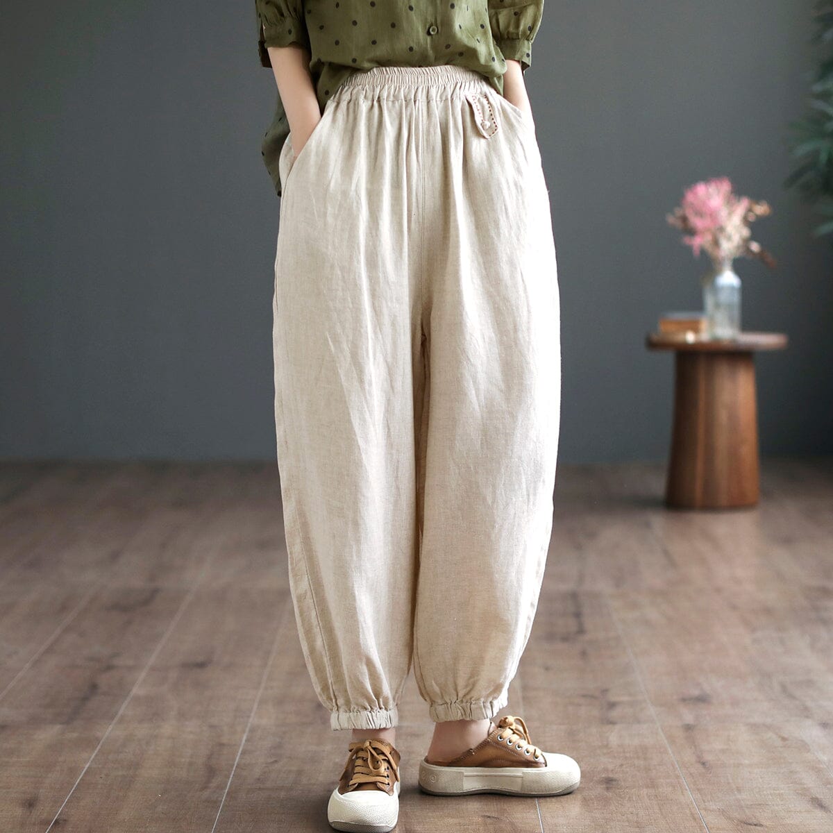 Retro Solid Linen Casual Solid Loose Pants