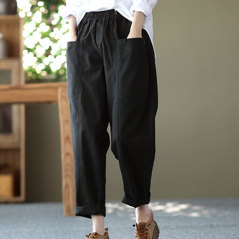 Retro Solid Women Spring Loose Casual Cotton Harem Pants