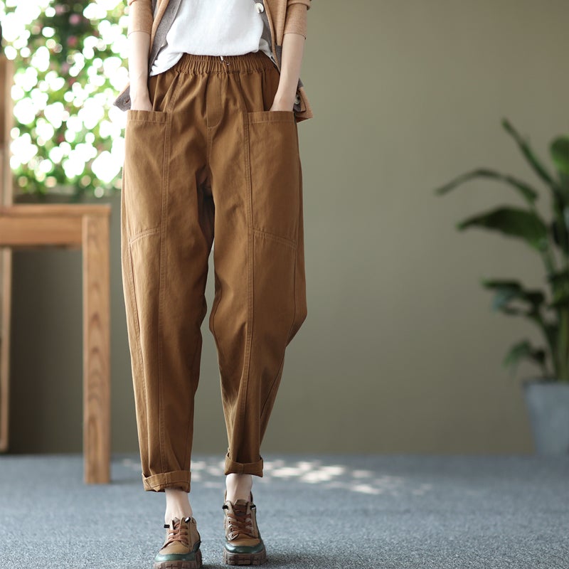 Retro Solid Women Spring Loose Casual Cotton Harem Pants