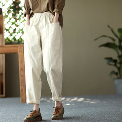 Retro Solid Women Spring Loose Casual Cotton Harem Pants