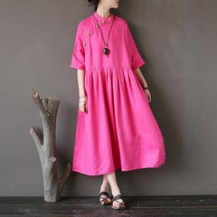 Retro Stand Collar Linen Chinese Frog Button Dress