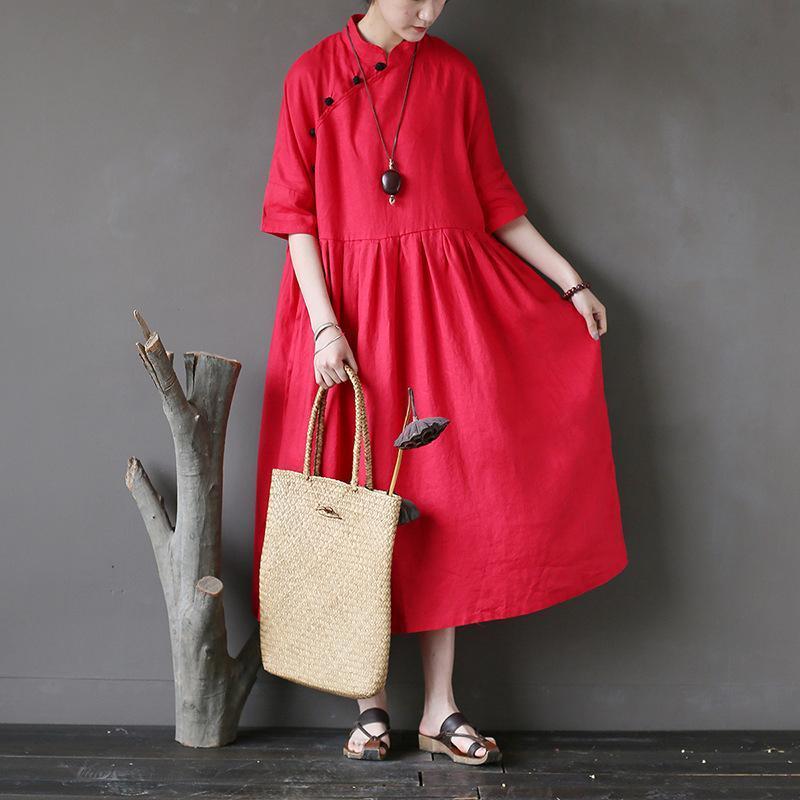 Retro Stand Collar Linen Chinese Frog Button Dress