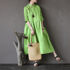 Retro Stand Collar Linen Chinese Frog Button Dress