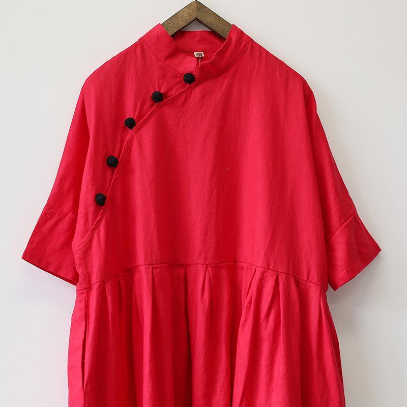 Retro Stand Collar Linen Chinese Frog Button Dress