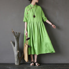 Retro Stand Collar Linen Chinese Frog Button Dress