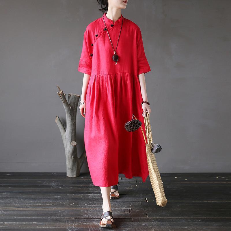 Retro Stand Collar Linen Chinese Frog Button Dress