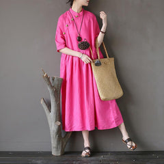 Retro Stand Collar Linen Chinese Frog Button Dress