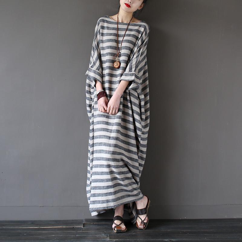 Retro Striped Plus Size Cotton Linen Dress