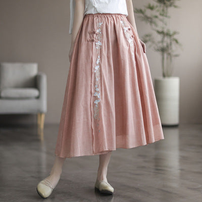 Retro Summer Cotton Linen Floral A-Line Skirt