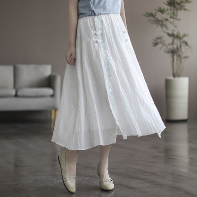 Retro Summer Cotton Linen Floral A-Line Skirt