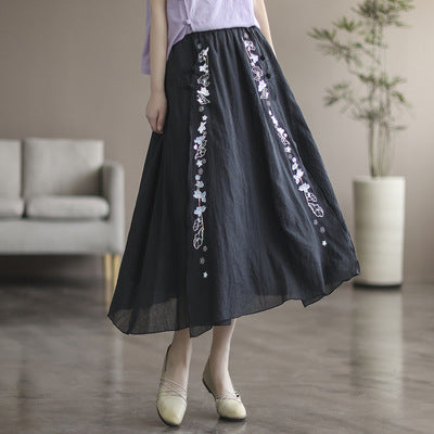 Retro Summer Cotton Linen Floral A-Line Skirt