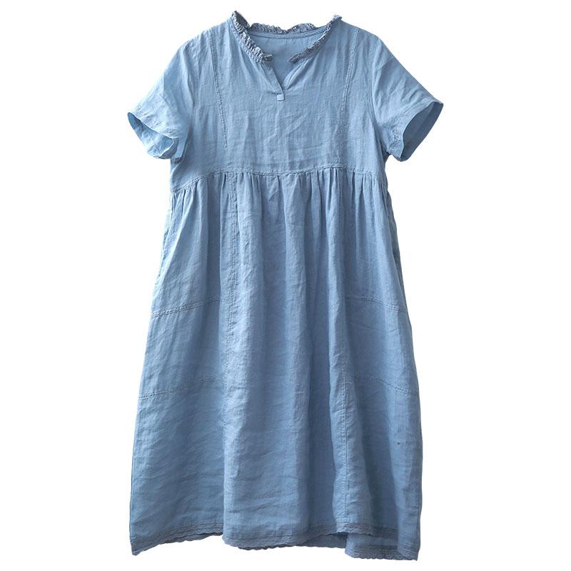 Retro Summer Loose Women Wooden Linen Midi Short Sleeve Dress