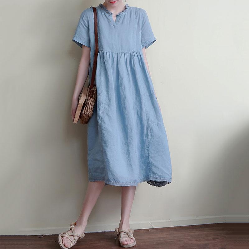 Retro Summer Loose Women Wooden Linen Midi Short Sleeve Dress