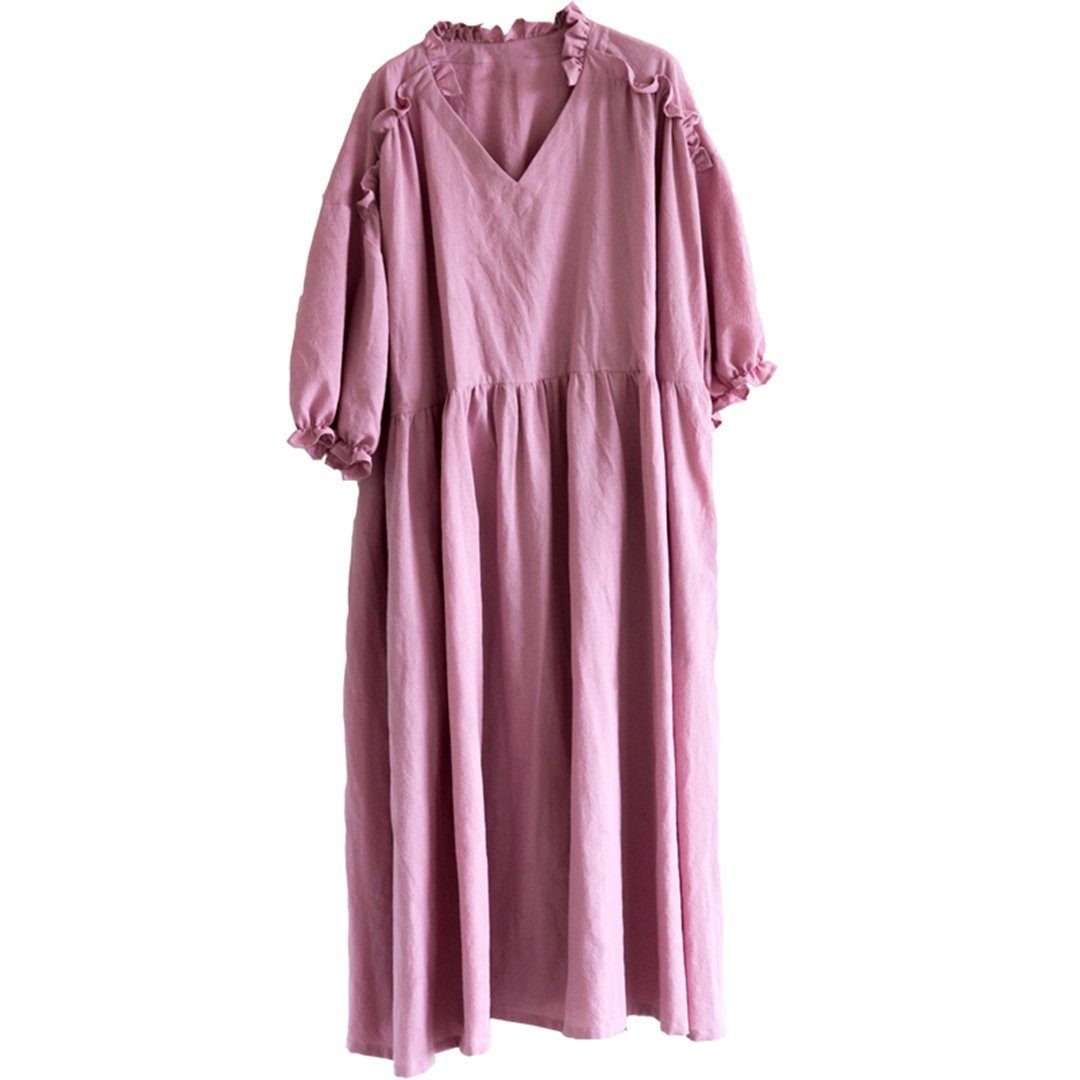 Ruffled V-Neck Cotton Oversized Solid Dress