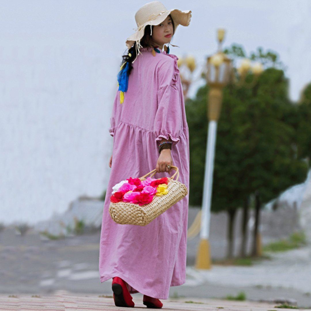 Ruffled V-Neck Cotton Oversized Solid Dress