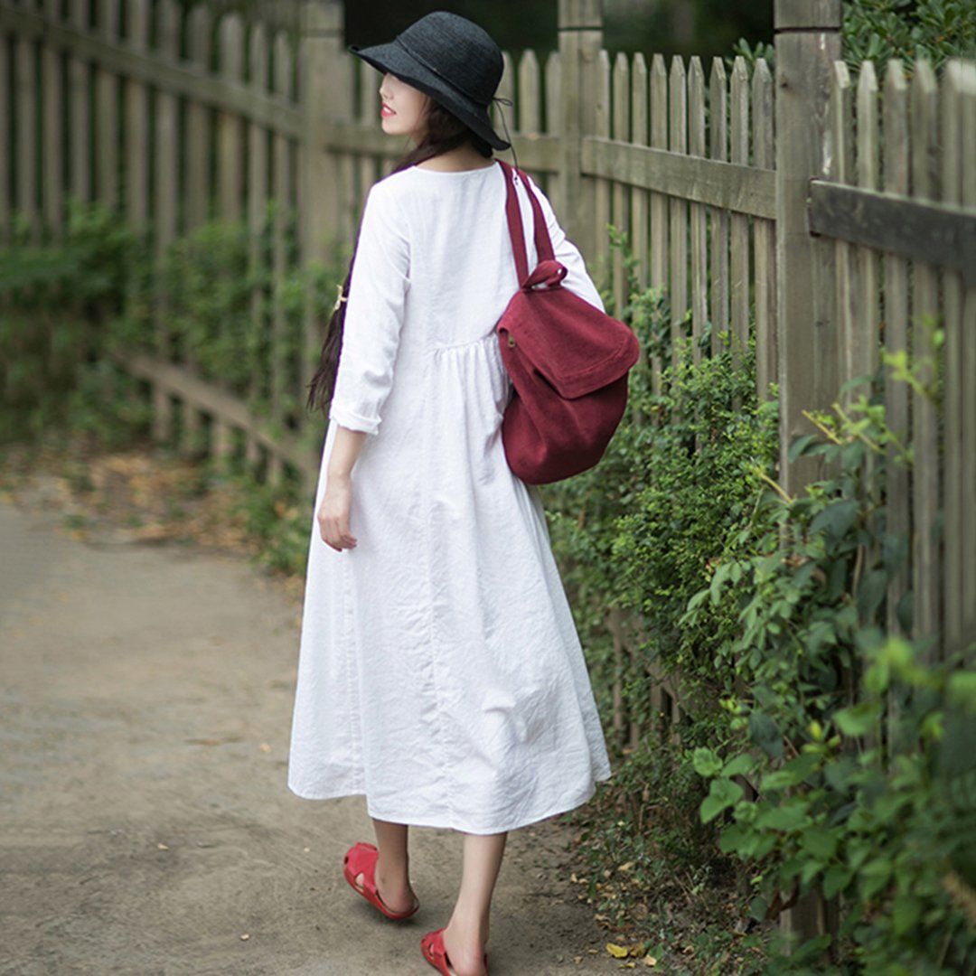 Rural Style Fashion White Linen Long Sleeve Dress