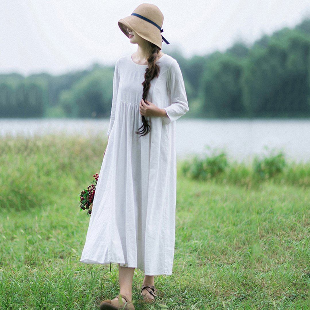 Rural Style Fashion White Linen Long Sleeve Dress