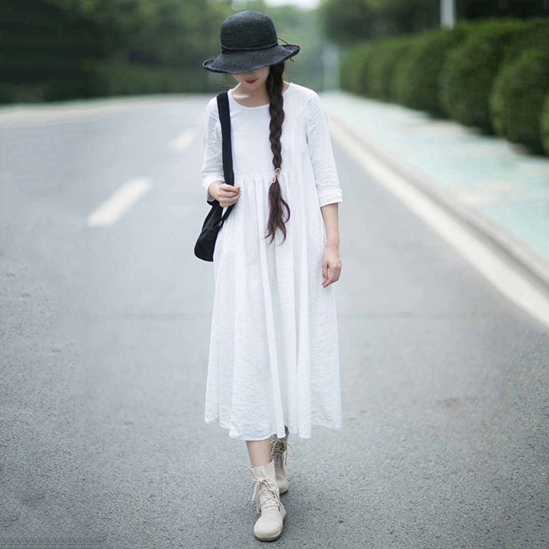 Rural Style Fashion White Linen Long Sleeve Dress