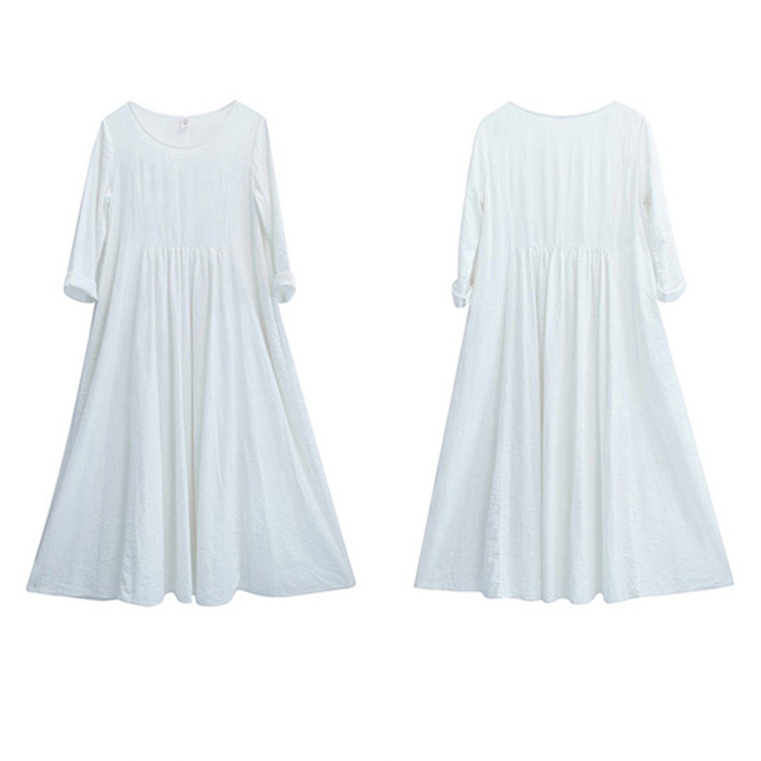 Rural Style Fashion White Linen Long Sleeve Dress